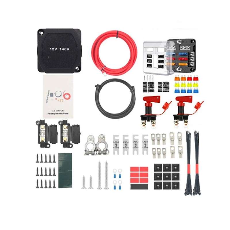 6-way Fuse Box Dual Battery Isolator Kit with 12v 140amp Voltage Sensitive Relay Charger for Truck