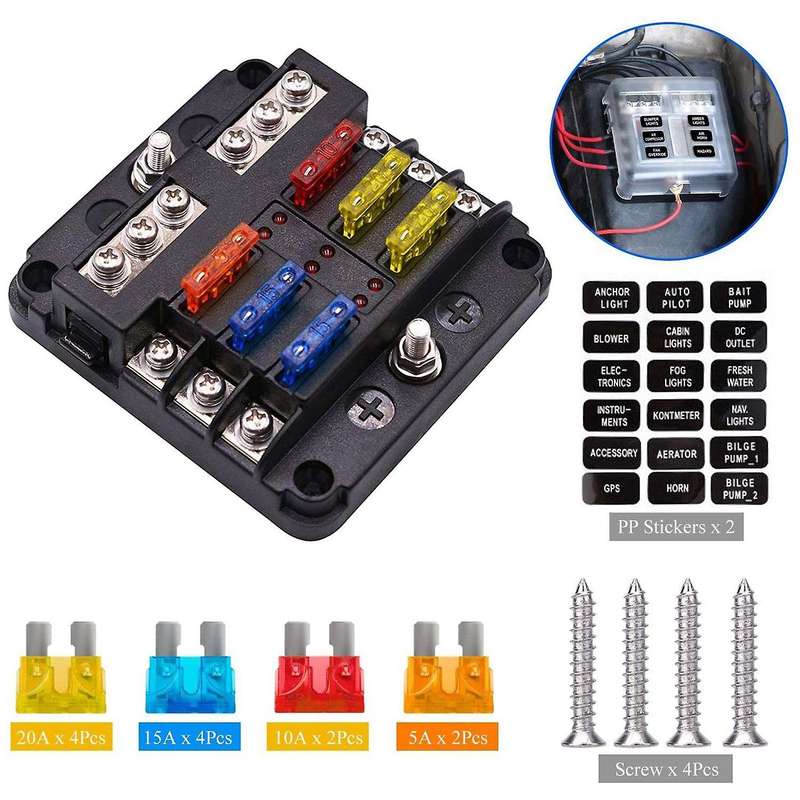 6-Way Waterproof Fuse Block,with LED Indicator 12 Circuits with Negative Marine Fuse Box for Dc 12/2