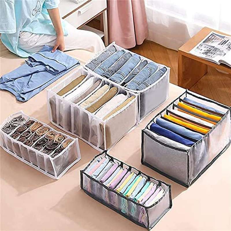 7 Grids Washable Wardrobe Clothes Organizer,Jeans Compartment Storage Box,Foldable Closet Drawer Org