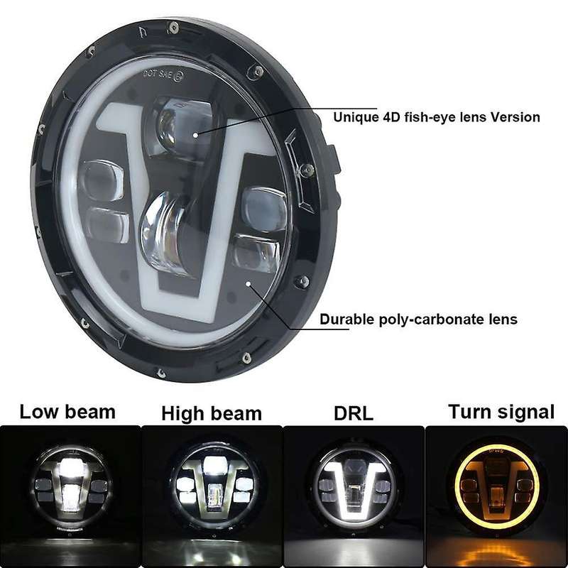 7 Inch Led Headlight 12V LED Work Headlight with V DRL Amber Turn Signal Halo with H4 Connector for