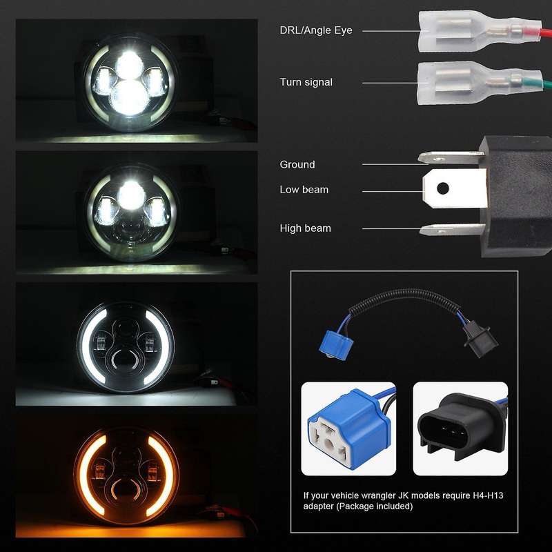 7 inch Round LED Headlights 200W High Low Beam Halo Angle Eyes DRL for JK JL TJ LJ CJ , 2PCS