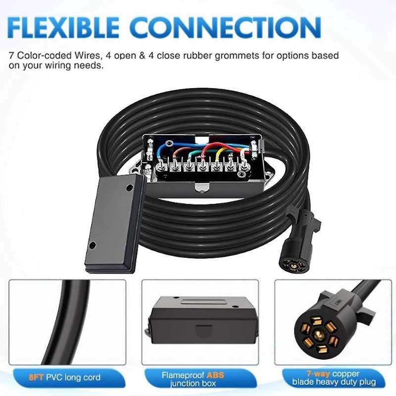 7 Way Inline Trailer Plug with Weatherproof Junction Box 8 Feet Seven-core Cable Wiring Harness for