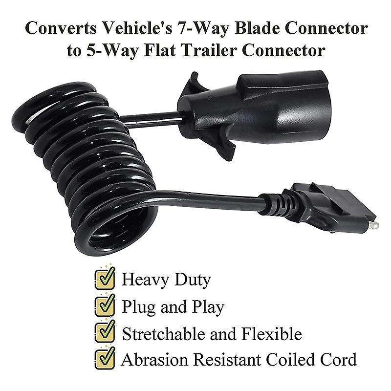 7 Way Round to 5 Way Flat Coiled Trailer Plug Adapter Plug & Play Trailer RV Blade Vehicle-Side Trai