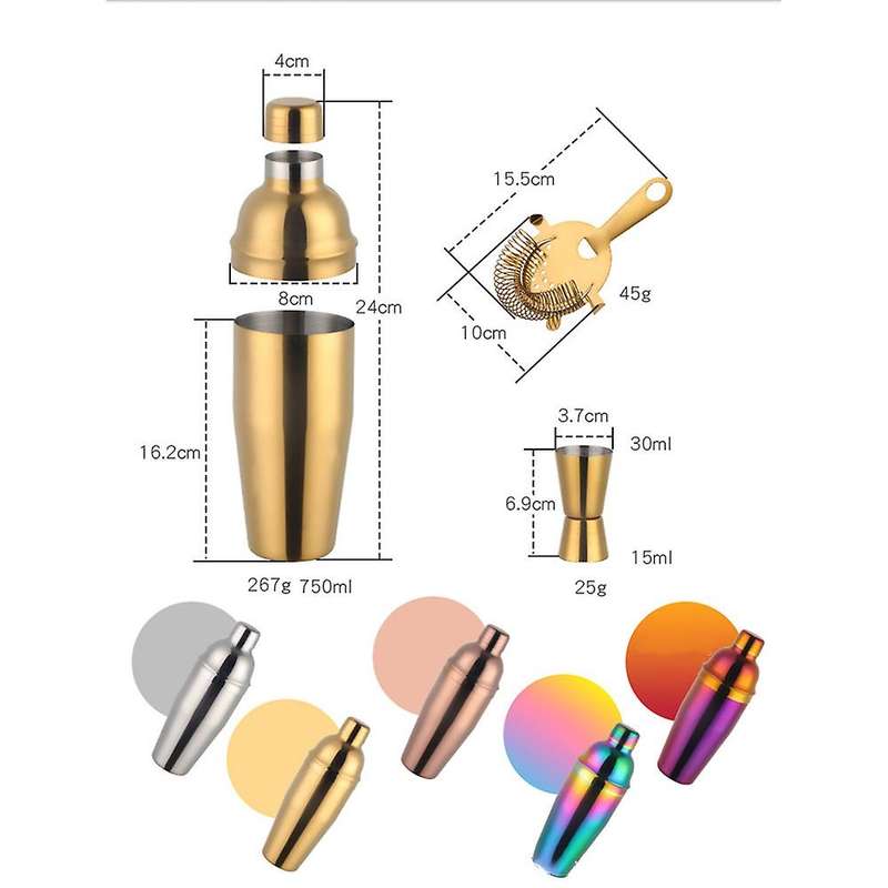 750Ml Stainless Steel Boston Cocktail Set Shaker Wine Pourers Set with Strainer Measure Cup Bartende