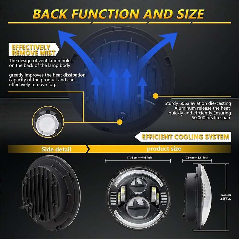 7in Round Led Halo Headlights with Hi/low Beam Amber/blue Led Head Light Lamp Offroad Eyes for Wran
