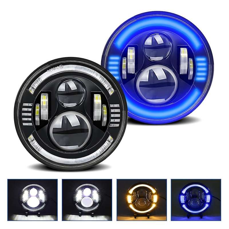7in Round Led Halo Headlights with Hi/low Beam Amber/blue Led Head Light Lamp Offroad Eyes for Wran