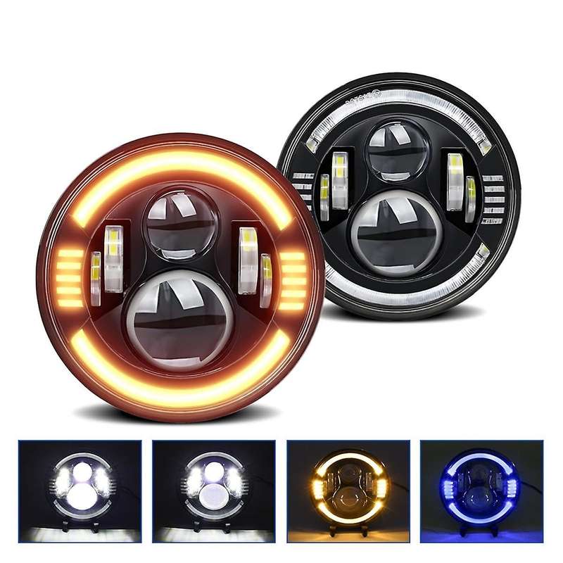 7in Round Led Halo Headlights with Hi/low Beam Amber/blue Led Head Light Lamp Offroad Eyes for Wran
