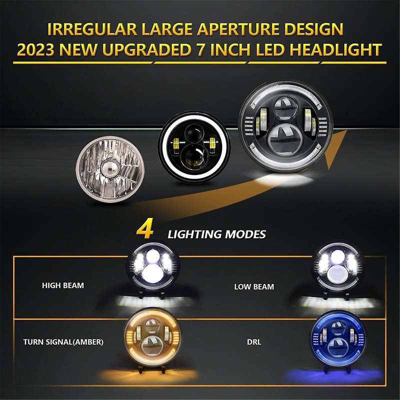 7in Round Led Halo Headlights with Hi/low Beam Amber/blue Led Head Light Lamp Offroad Eyes for Wran