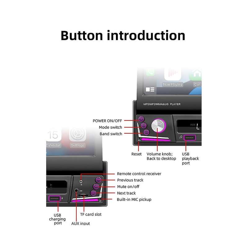 7inch Car Electric Telescopic Screen Wireless Carplay Android Auto Car Portable Radio Bluetooth Mp5