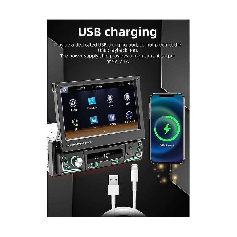 7inch Car Electric Telescopic Screen Wired Carplay Android Auto Car Portable Radio Bluetooth Mp5 Fm