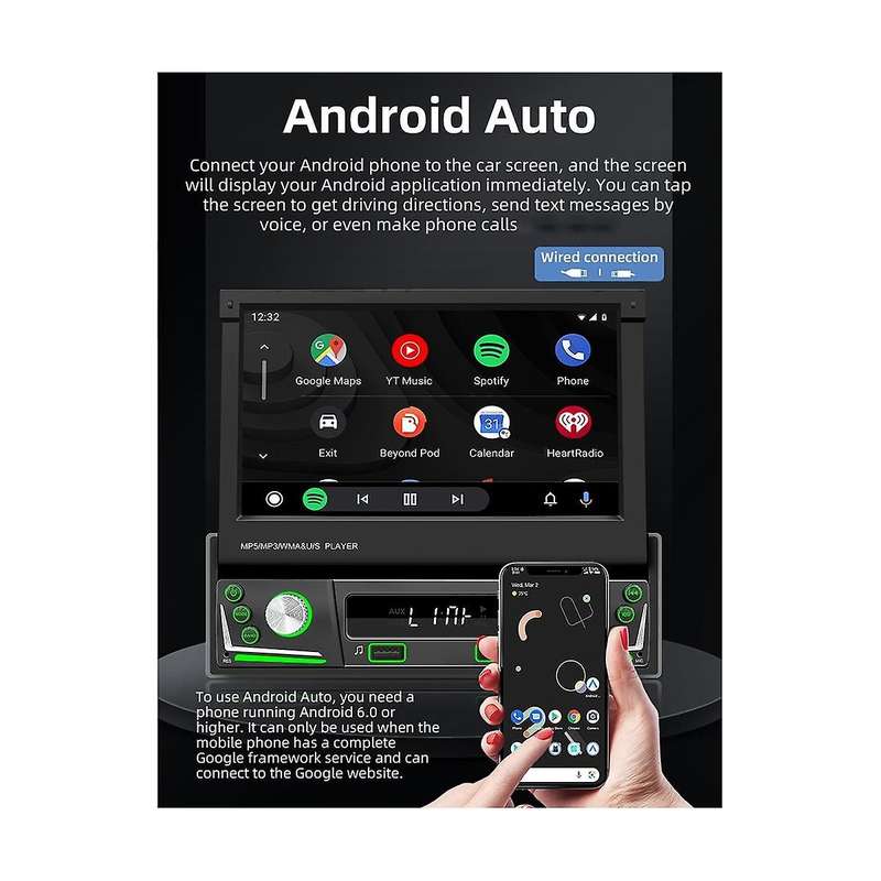 7inch Car Manual Telescopic Screen Wired Carplay Android Auto Car Portable Radio Bluetooth Mp5 Fm R