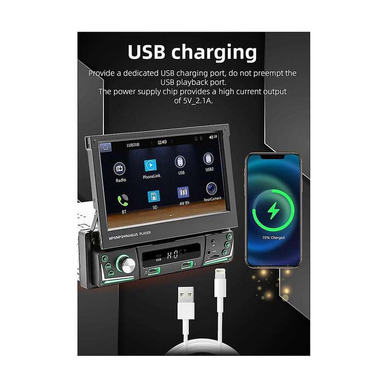 7inch Car Manual Telescopic Screen Wired Carplay Android Auto Car Portable Radio Bluetooth Mp5 Fm R
