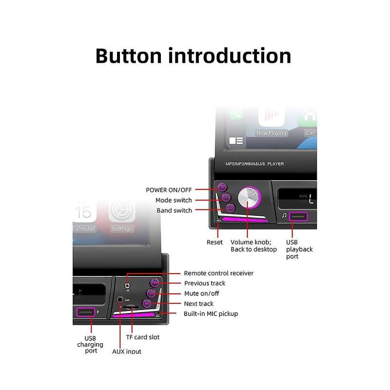 7inch Car Manual Telescopic Screen Wired Carplay Android Auto Car Portable Radio Bluetooth Mp5 Fm R