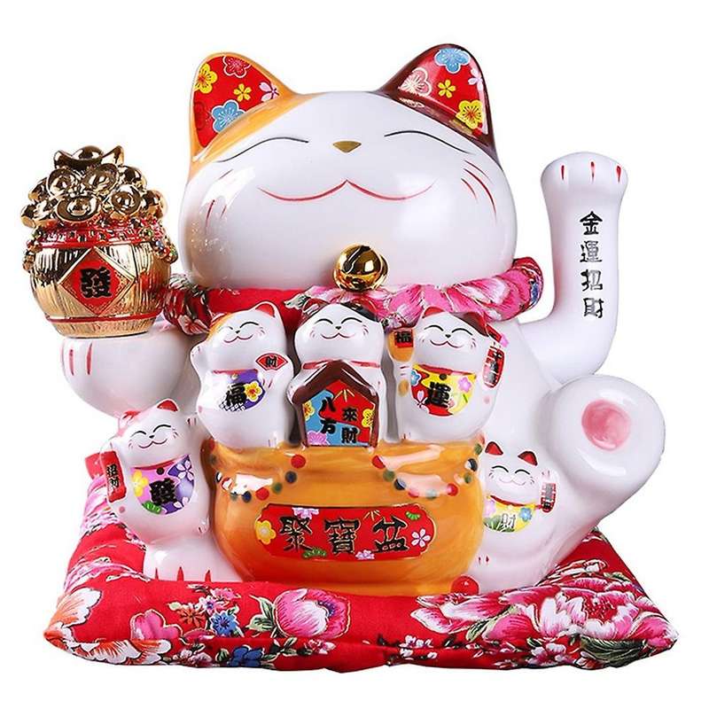 7Inch Ceramic Beckoning Maneki Neko Ornament Feng Shui Decoration Swing ,A