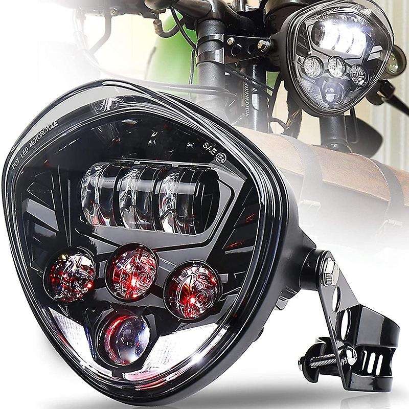 7Inch Motorcycle Headlight with Bracket Clamp Red Background White DRL Hi/Low Beam for Cafe
