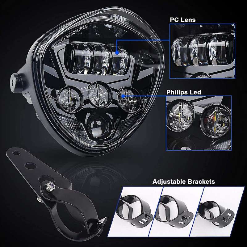 7Inch Motorcycle Headlight with Bracket Clamp Red Background White DRL Hi/Low Beam for Cafe