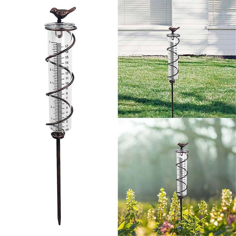 7L Capacity Glass Spiral Rain Gauge,Cast Iron Bird Hanging Rain Gauge,Garden Rain Water Meter Measur