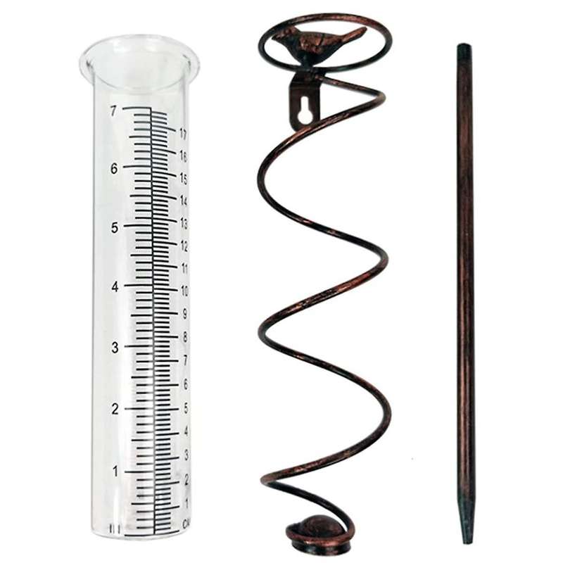 7L Capacity Glass Spiral Rain Gauge,Cast Iron Bird Hanging Rain Gauge,Garden Rain Water Meter Measur