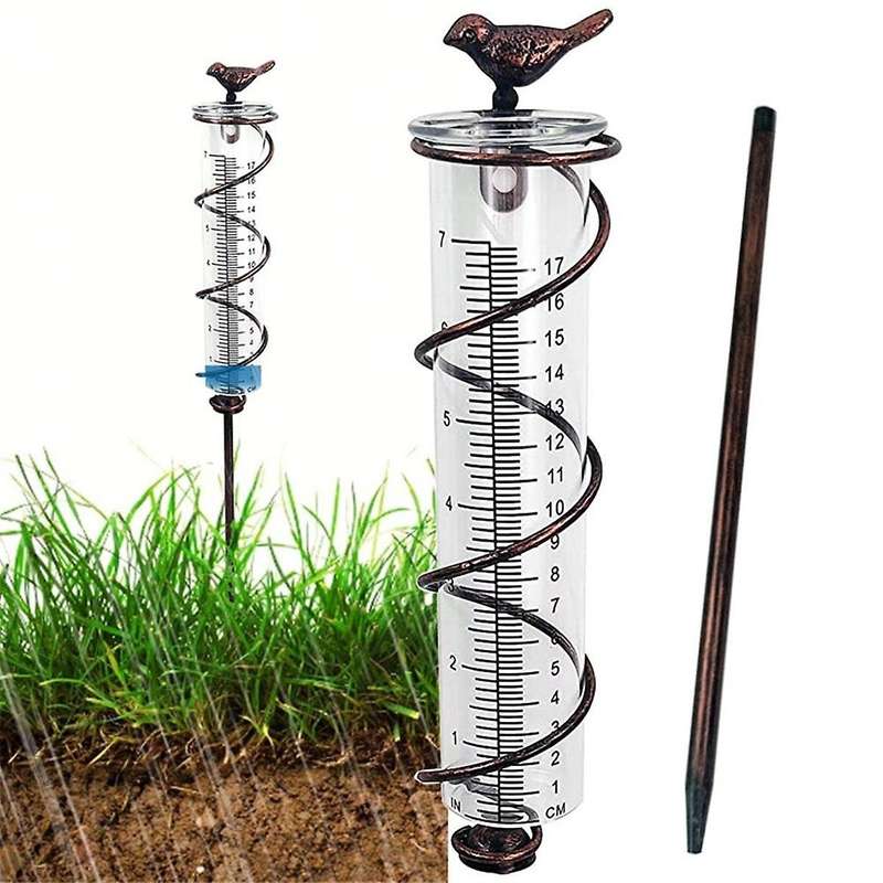 7L Capacity Glass Spiral Rain Gauge,Cast Iron Bird Hanging Rain Gauge,Garden Rain Water Meter Measur