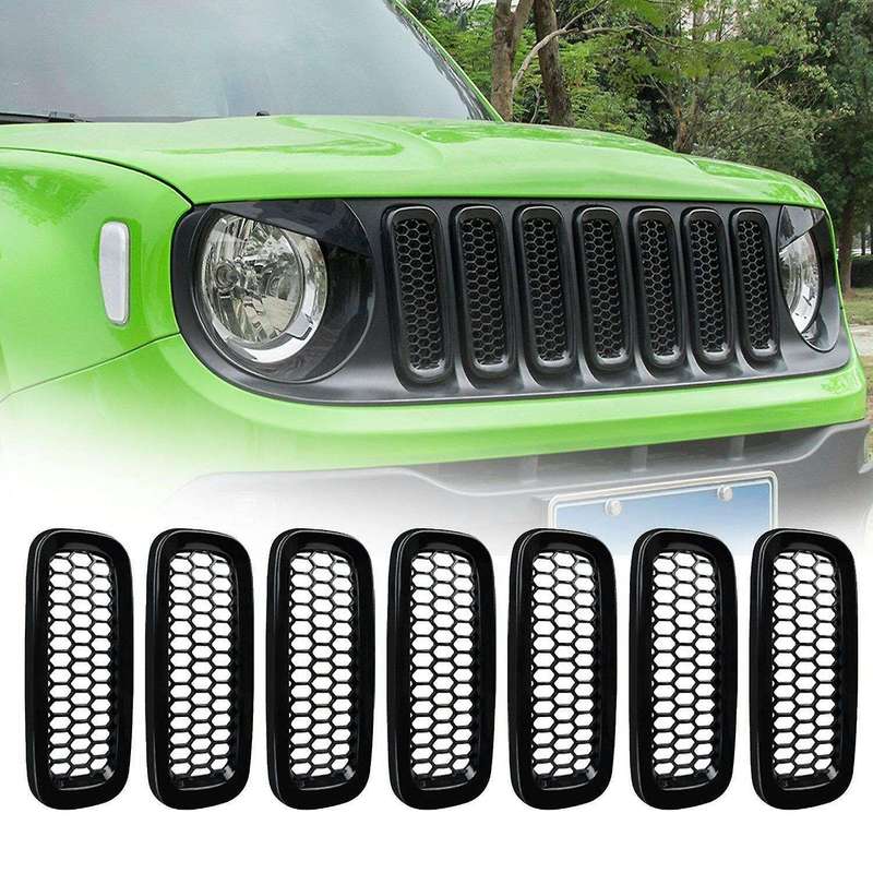 7Pcs Bright black with Mesh Front Grille Inserts Sticky Grill Cover Frame Trims Kit for 2015-2018