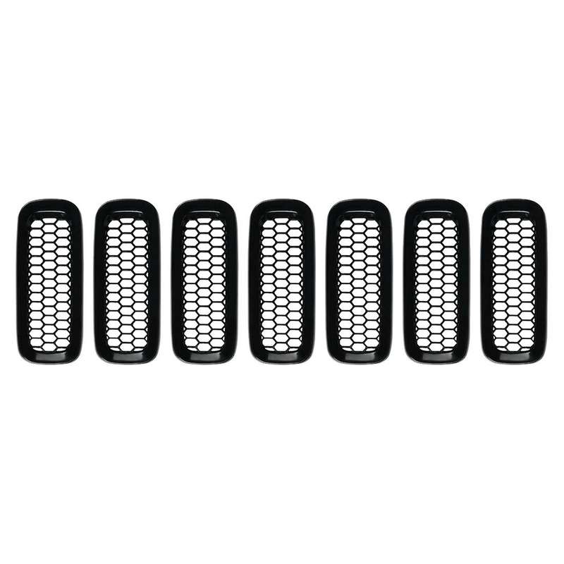 7Pcs Bright black with Mesh Front Grille Inserts Sticky Grill Cover Frame Trims Kit for 2015-2018