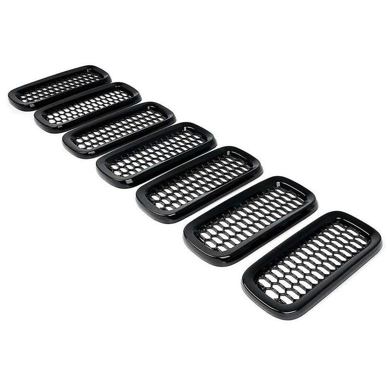 7Pcs Bright black with Mesh Front Grille Inserts Sticky Grill Cover Frame Trims Kit for 2015-2018