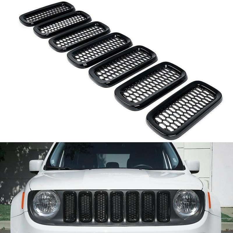 7Pcs Bright black with Mesh Front Grille Inserts Sticky Grill Cover Frame Trims Kit for 2015-2018