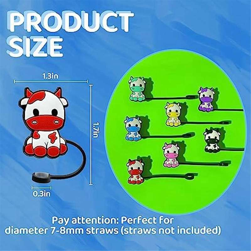 7Pcs Cow Straw Covers Cap, Dust-Proof Reusable Straw Cap Cute Straw Protector Cover for 7-8mm Straws