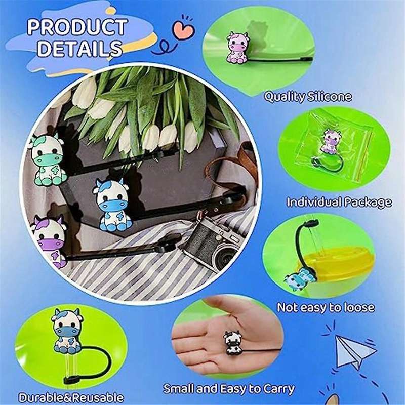 7Pcs Cow Straw Covers Cap, Dust-Proof Reusable Straw Cap Cute Straw Protector Cover for 7-8mm Straws