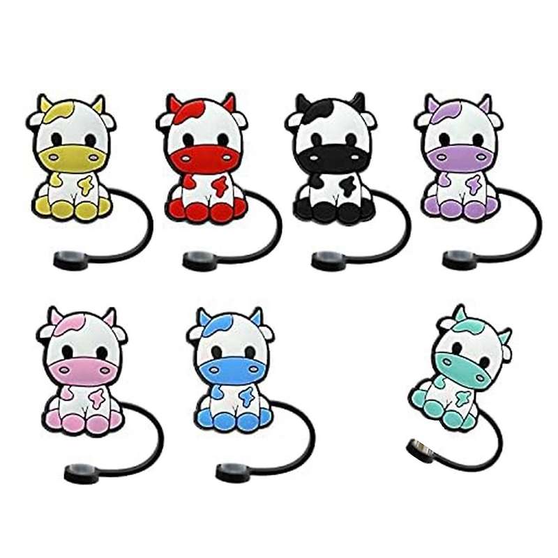 7Pcs Cow Straw Covers Cap, Dust-Proof Reusable Straw Cap Cute Straw Protector Cover for 7-8mm Straws