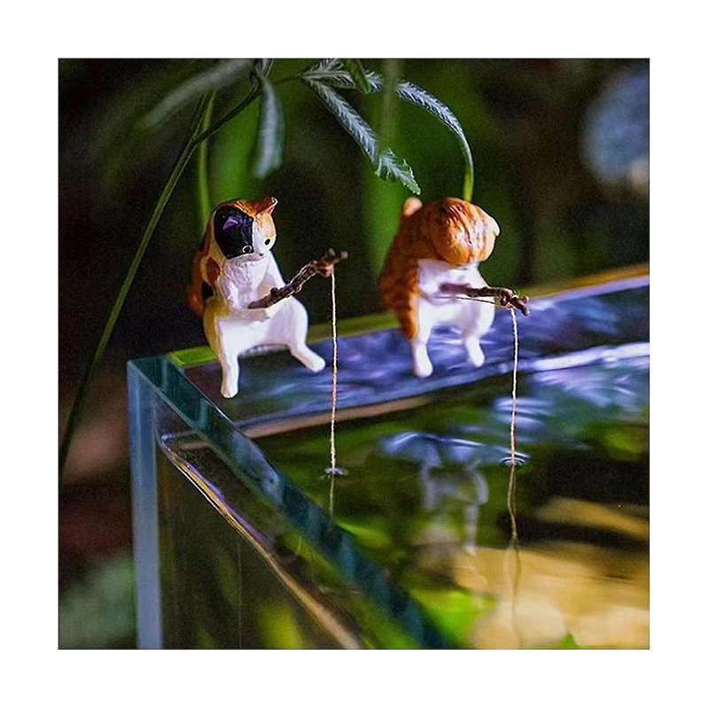 7PCS Cats Fishing Figurine Cats Sculpture Sitting Fishing Little Cute Cats Resin Ornament Decorative