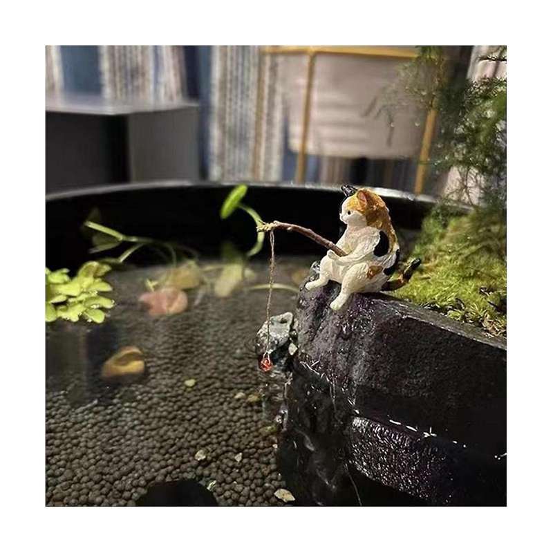 7PCS Cats Fishing Figurine Cats Sculpture Sitting Fishing Little Cute Cats Resin Ornament Decorative