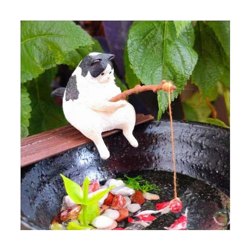7PCS Cats Fishing Figurine Cats Sculpture Sitting Fishing Little Cute Cats Resin Ornament Decorative