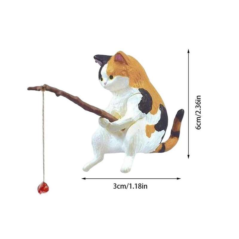 7PCS Cats Fishing Figurine Cats Sculpture Sitting Fishing Little Cute Cats Resin Ornament Decorative