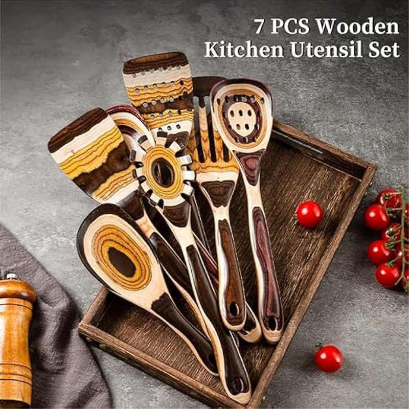7pcs Pakkawood Utensils Set-durable, Eco-friendly, Wooden Spoon for Cooking, Wooden Utensil for Cook