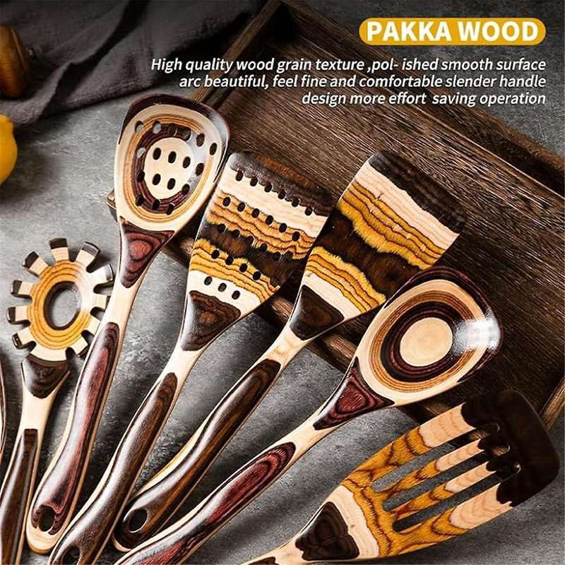 7pcs Pakkawood Utensils Set-durable, Eco-friendly, Wooden Spoon for Cooking, Wooden Utensil for Cook