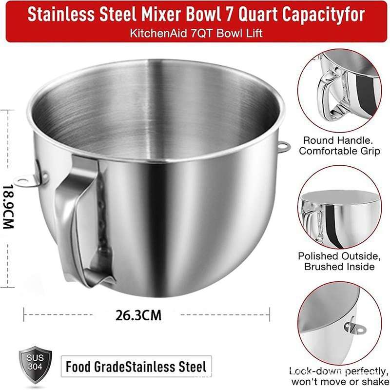7QT Stainless Steel Mixer Bowl for 7QT Tilt-Head Mixers KSM70SKXXV8 KSM70SKXXCA KSM70SKXXBK with Han