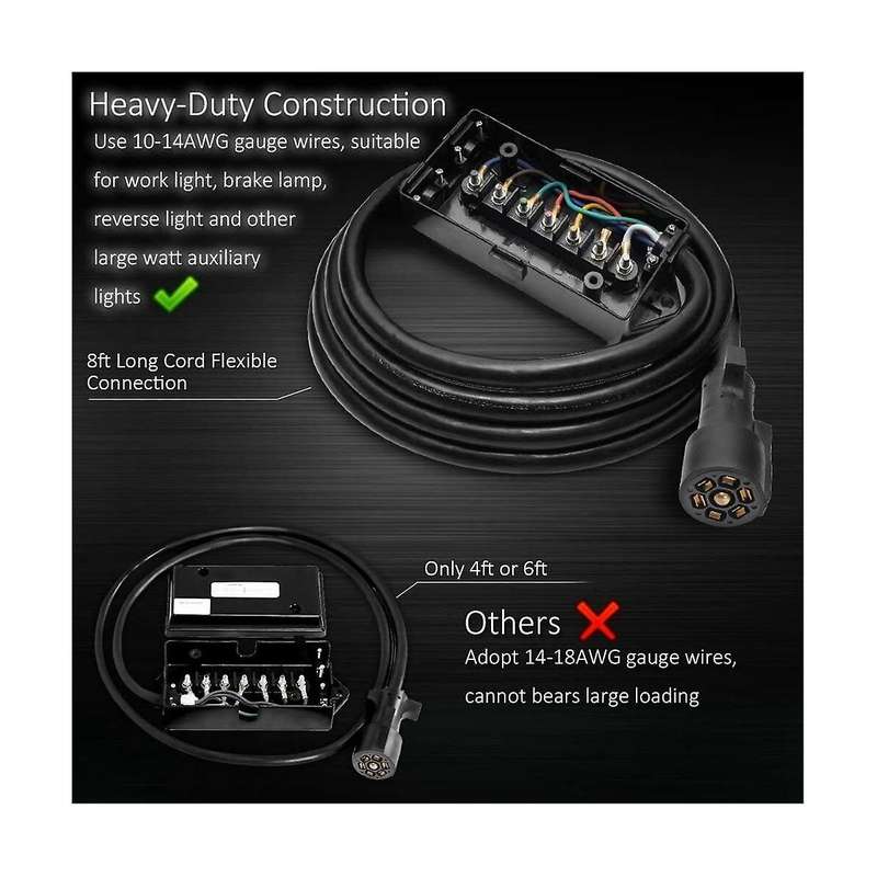 8 Foot 7 Pin Trailer Plug Wiring Harness 7 Way Rv Trailer Cord Wire with 7 Gang Waterproof Junction