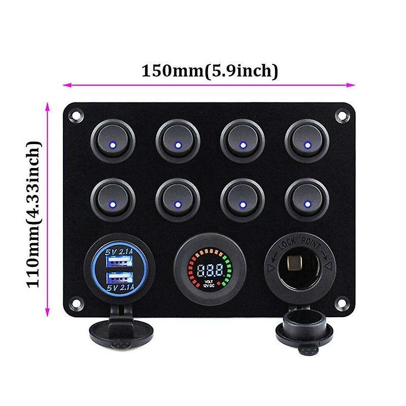 8 Gang Marine Boat LED Circuit Breaker Toggle Switch Panel with Digital Voltmeter Dual USB Port for