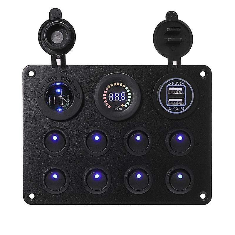 8 Gang Marine Boat LED Circuit Breaker Toggle Switch Panel with Digital Voltmeter Dual USB Port for
