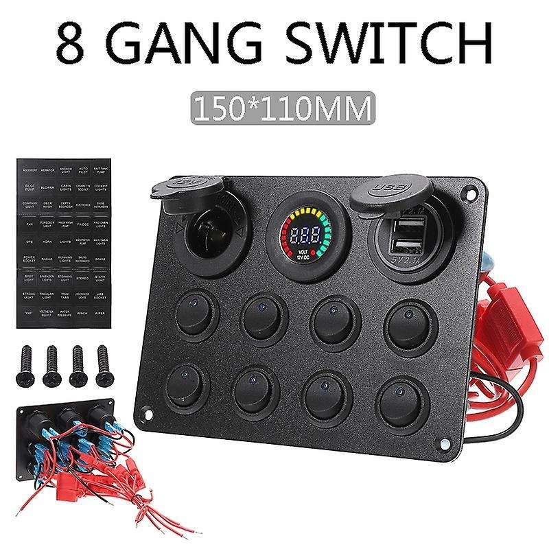 8 Gang Marine Boat LED Circuit Breaker Toggle Switch Panel with Digital Voltmeter Dual USB Port for