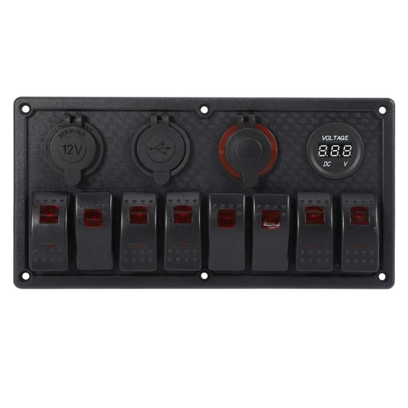 8 Gang Rocker Switch Panel Circuit Breaker Overload Protected Voltmeter 12V 24V DC USB Charger Port