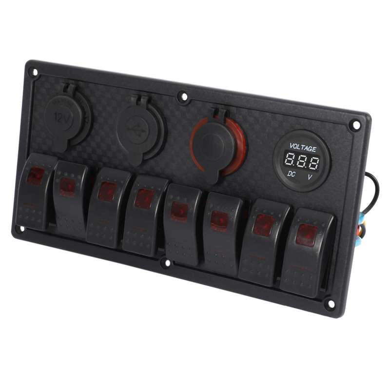 8 Gang Rocker Switch Panel Circuit Breaker Overload Protected Voltmeter 12V 24V DC USB Charger Port