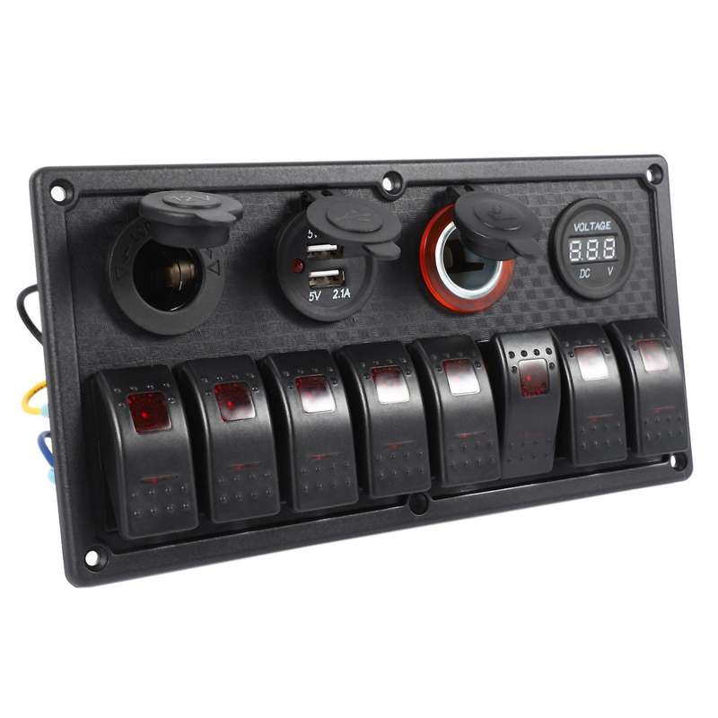 8 Gang Rocker Switch Panel Circuit Breaker Overload Protected Voltmeter 12V 24V DC USB Charger Port