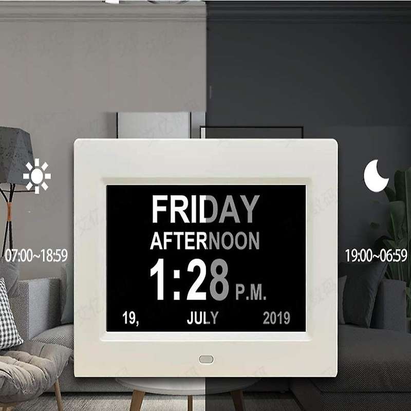 8 Inch LED Time Week Date Calendar Digital Alarm Clock for Elder People with Remote EU Plug