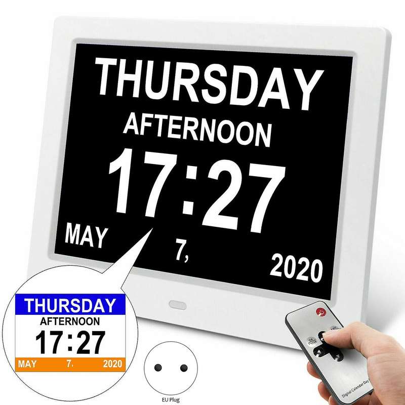 8 Inch LED Time Week Date Calendar Digital Alarm Clock for Elder People with Remote EU Plug