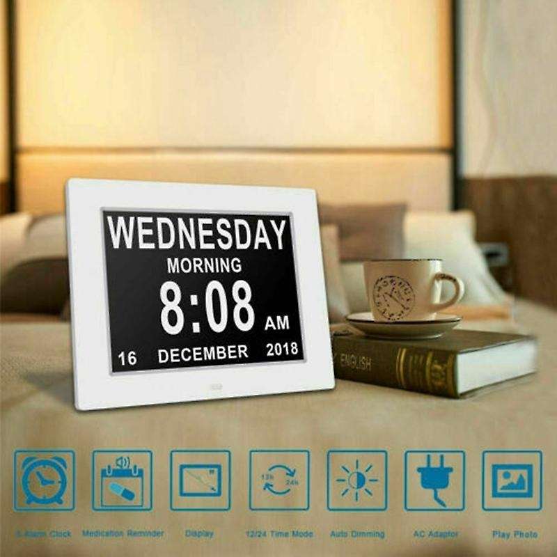 8 Inch LED Time Week Date Calendar Digital Alarm Clock for Elder People with Remote EU Plug