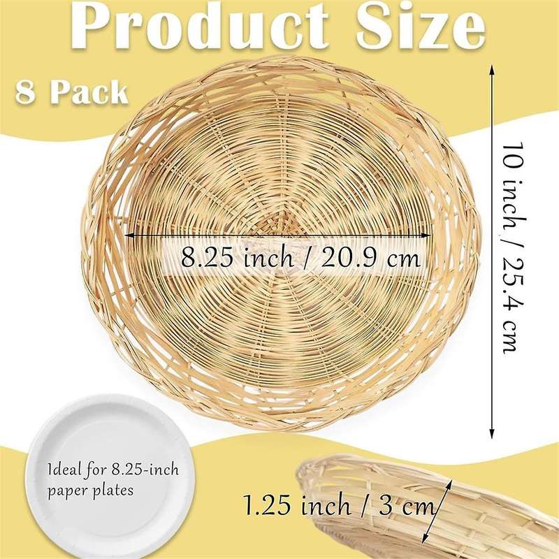 8 Pack Bamboo Paper Plate Holders, 10 Inches Reusable for Dinner Plates Hand Woven Wicker Paper Plat