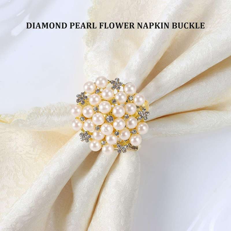 8 Pack Pearls Napkin Rings Exquisite Alloy Napkin Ring Napkin Buckle for Wedding, Dinner Party, Tab