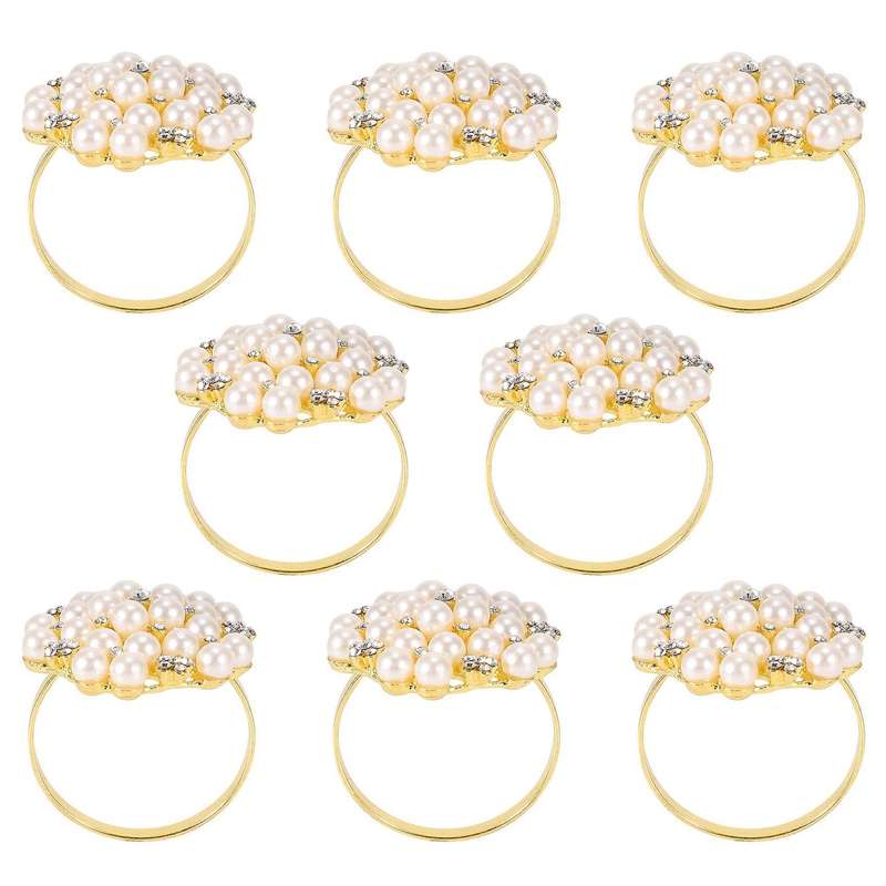 8 Pack Pearls Napkin Rings Exquisite Alloy Napkin Ring Napkin Buckle for Wedding, Dinner Party, Tab